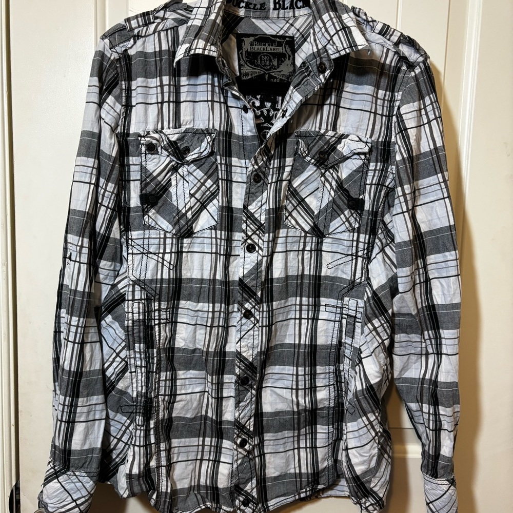 BUCKLE BLACK Athletic Fit Embroidered Snap Front Shirt Size Medium D2
